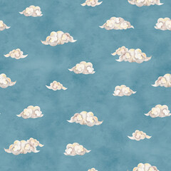 Watercolor seamless pattern with  clouds in Chinese style. Hand-drawn texture on watercolor blue background