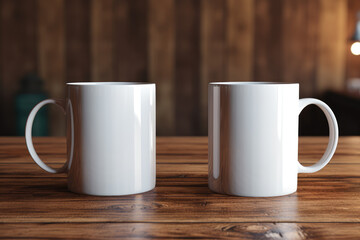 Two white coffee cups on a wooden table