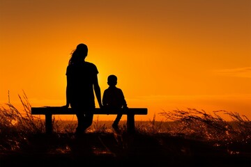 A mother and her daughter, silhouetted, bask in the setting sun