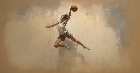 a dynamic painting capturing the athleticism and grace of a woman soaring through the air while playing basketball