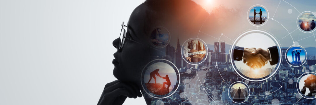 Thinking Black woman and business network concept. Wide angle visual for banners or advertisements.