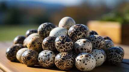 Obraz premium Quail eggs on a wooden table. Generative AI.