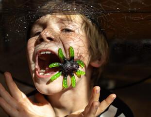 The face of the frightened boy is close-up, a large spider sits on his cheek - a jelly candy. child...
