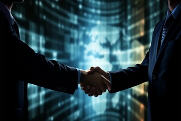 Handshake amid office, Smiling businessmen unite with global business graphic