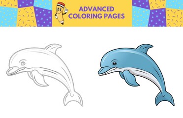 Bottlenose Dolphin coloring page with colored example for kids. Coloring book