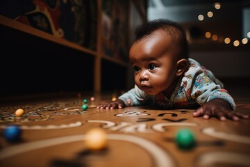 A black skinned infant crawling for the first time, exploring surroundings with curiosity. The background is a colorful play area. Developmental Milestones. Generative AI