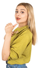 Fototapeta premium Pointing back thumb up, portrait of charming attractive young 20s caucasian blonde girl pointing back thumb up. Demonstrating copy space, workplace area. Advertising, banner, back finger empty area.