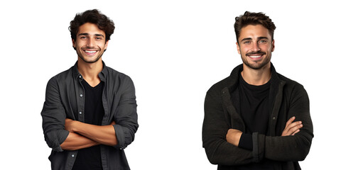 Smiling casually dressed man with a positive and self assured expression arms crossed against transparent background background