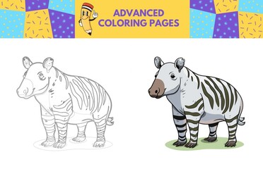 Tapir coloring page with colored example for kids. Coloring book