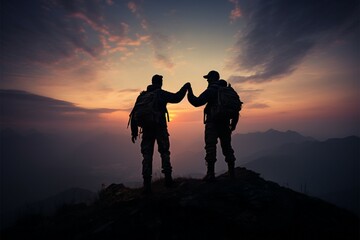 Silhouetted climbers atop a mountain peak, flag waving, symbolize triumphant success