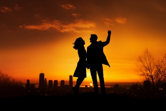 Silhouetted couple, a poetic scene against the serene evening sky