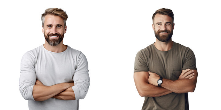 Handsome happy bearded man with folded arms isolated on a light transparent background