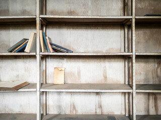 bookshelves in an abandoned library