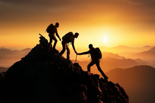 Teamwork and assistance lead to the silhouette of achievement and success
