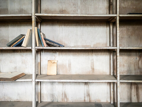 bookshelves in an abandoned library
