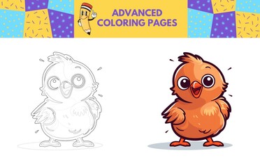 Obraz premium Chicken coloring page with colored example for kids. Coloring book