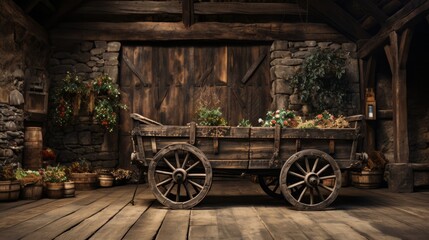 Rustic wheeled cart in an old plank room in the countrysi. Generative AI.
