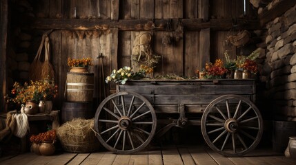 Obraz premium Rustic wheeled cart in an old plank room in the countrysi. Generative AI.