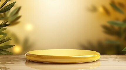 Yellow product display stand background with sunlight and leaves