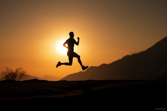 Young man's silhouette running against a mountain sunset, representing an active life