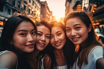 Fototapeta premium Group of happy cute asian young women in the city, generative AI