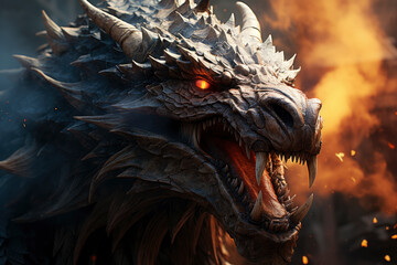 Ferocious fire-breathing dragon close-up, a scary mystical creature