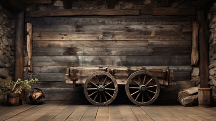 Rustic wheeled cart in an old plank room in the countrysi. Generative AI. - obrazy, fototapety, plakaty