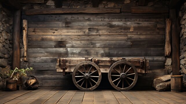 Rustic wheeled cart in an old plank room in the countrysi. Generative AI.
