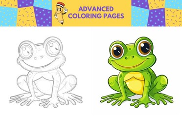 Fototapeta premium Frog coloring page with colored example for kids. Coloring book