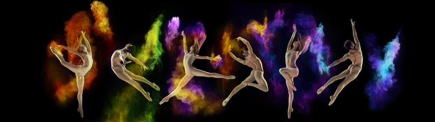 Collage. Talented and artistic young man and woman in beige bodysuits dancing over black background with colorful powder splashes. Concept of classical dance, art, inspiration. Banner, flyer, ad