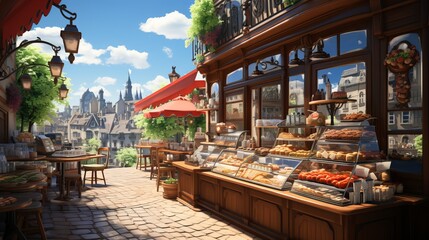 
Rustic outdoor bakery and coffee shop with hot pastries and tables for patrons. Handmade bread Various loaves, baguettes. Rye, buckwheat, bran, gluten-free, wheat buns, sunny day