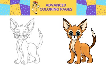 Caracal coloring page with colored example for kids. Coloring book