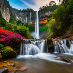 Pure tropical waterfall at sunrise, fresh green foliage grownig near a waterfall in rain season.