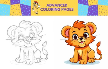 Lion coloring page with colored example for kids. Coloring book