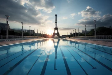 Rolgordijnen Swimming pool in front of the eiffel tower in paris © Maris