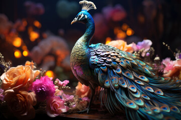 Beautiful colorful peacock with multicolored bright feathers in a blooming garden