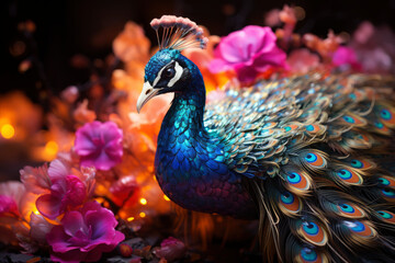 Beautiful colorful peacock with multicolored bright feathers in a blooming garden