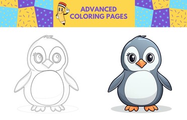 Naklejka premium Penguin coloring page with colored example for kids. Coloring book