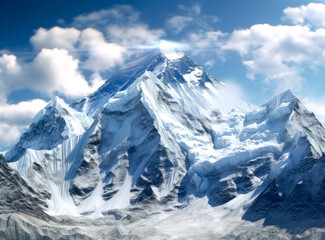 Fototapeta na wymiar Mount Everest peak, snowcapped mountain with blue sky, snowy ridge covered with snow.