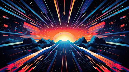 A visually engaging op-art design featuring spaceships and neon lights in a mysterious and psychedelic setting, evoking a sense of mystery and wonder. Generative AI