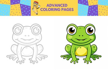 Frog coloring page with colored example for kids. Coloring book