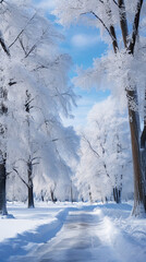 snowy winter, a path in the park - obrazy, fototapety, plakaty