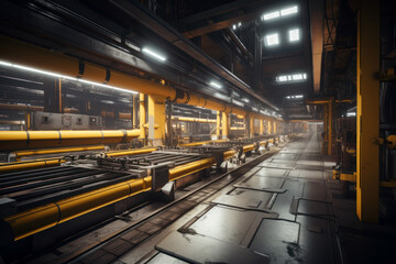 Fototapeta premium Empty factory, Idle machinery and conveyor belts stand still in a vast