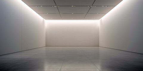 Empty art gallery, blank walls await new exhibitions, while the polished floor reflects the minimalist design of the room