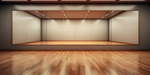 Fotobehang Empty dance studio, wall mirrors reflect the polished wooden floor, barres © AstralAngel