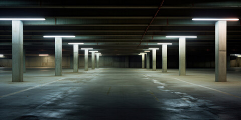 Empty parking garage, concrete floors and pillars stretch out in all directions