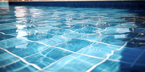 Empty swimming pool, the blue tiles glisten in the sunlight