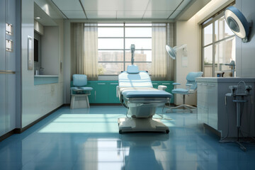 Empty medical office, sterile countertops and an unoccupied examination table
