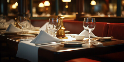 Empty restaurant, tables are set with clean silverware and folded napkins