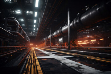 Fototapeta premium Empty factory, Idle machinery and conveyor belts stand still in a vast